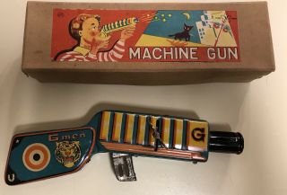 Vintage Tin Wind Up G Men Sparkling Gun W Box - - Japan