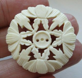 Exceptional Large Antique Vtg Pierced Carved Bone Button Ornate Design (z)