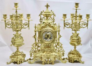 Antique Mantle Clock Large Xl 19th C French Gilt Pierced Bronze Garniture Set