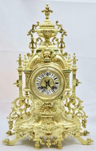 Antique Mantle Clock Large XL 19th c French Gilt Pierced Bronze Garniture Set 2