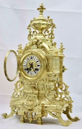 Antique Mantle Clock Large XL 19th c French Gilt Pierced Bronze Garniture Set 3