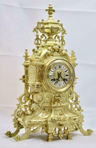 Antique Mantle Clock Large XL 19th c French Gilt Pierced Bronze Garniture Set 5