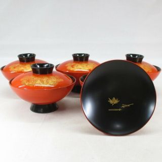 H864: Japanese Lacquer Ware 5 Covered Bowls W/chinkin Work Of Pine Needle