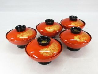 H864: Japanese lacquer ware 5 covered bowls w/CHINKIN work of pine needle 2