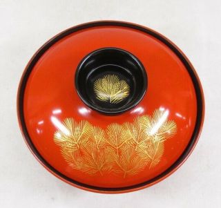 H864: Japanese lacquer ware 5 covered bowls w/CHINKIN work of pine needle 3