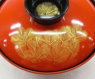 H864: Japanese lacquer ware 5 covered bowls w/CHINKIN work of pine needle 4