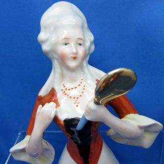 Antique Half Doll RED Dress with Beads and Hand Held Mirror Arms Away LARGE NR 2