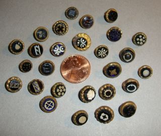 Antique Waistcoat Buttons Blue And Black Glass W/ Designs In Brass Settings