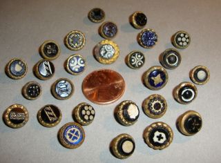 Antique Waistcoat Buttons Blue and Black Glass w/ Designs in Brass Settings 2