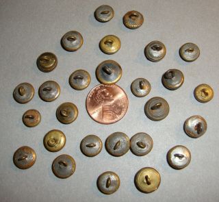 Antique Waistcoat Buttons Blue and Black Glass w/ Designs in Brass Settings 3