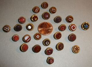 Antique Waistcoat Buttons Brick Red Glass W/ Designs In Brass Settings