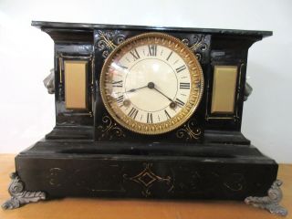 Antique Enameled Cast Iron Shelf Mantle Clock W/ Lion Head,  Key & Pendulum