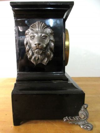 Antique Enameled Cast Iron Shelf Mantle Clock w/ Lion Head,  Key & Pendulum 4