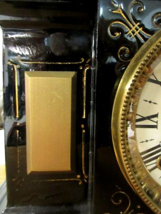 Antique Enameled Cast Iron Shelf Mantle Clock w/ Lion Head,  Key & Pendulum 5