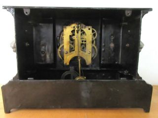 Antique Enameled Cast Iron Shelf Mantle Clock w/ Lion Head,  Key & Pendulum 6