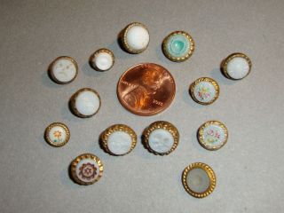 Antique Waistcoat Buttons White Glass W/ Designs In Brass Settings