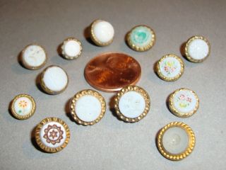 Antique Waistcoat Buttons White Glass w/ Designs in Brass Settings 2