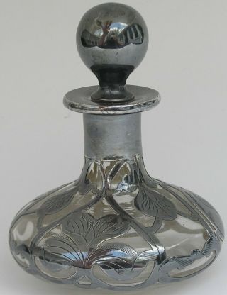 Antique Art Nouveau Heavy Sterling Silver Overlay Perfume Bottle Vanity Engraved 2