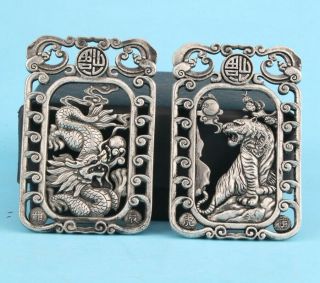 2 Retro China Tibetan Silver Pendant Hollow Dragon Tiger Mascot Lady Adorns