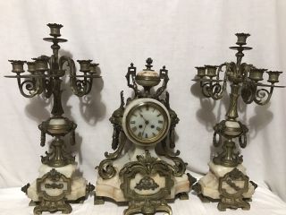 Antique H F Paris French Brass And Marble Clock & Candelabra Set