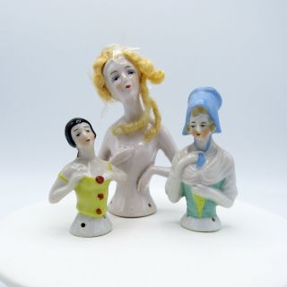 Antique German Porcelain Set Of Three Half Dolls,  Pin Cushion Doll,  Nr