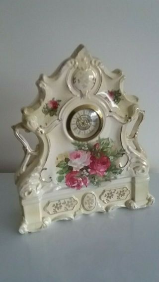 Antique Victorian Hand Painted Porcelain,  Ornate Cased Mantle Clock.  Good Order.