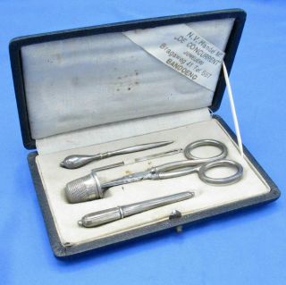 Antique European Silver Sewing Set In Leather Case,  Nr