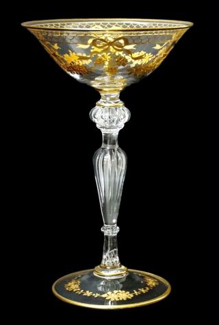 German Bohemian Antique Josephinenhutte Glass Enameled Gold Bows Tall Wine