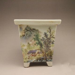 China Antique Porcelain Qing Qianlong Famille Rose Landscape Square Flower Pot