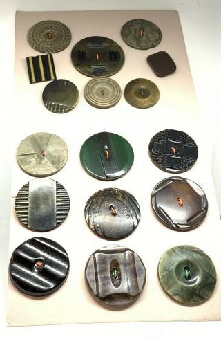 Card Of 17 Celluloid & Vintage Plastic Wafer Buttons Art Deco Designs Large