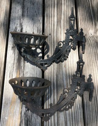 Vintage Victorian Cast Iron Oil Lamp Candle Holder Wall Sconces Pair