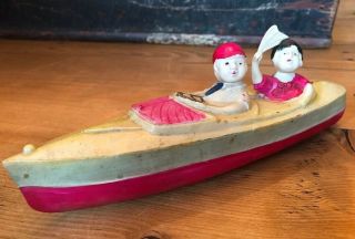 Antique Vintage Celluloid Boy Girl In Boat Waving Hanky Japan