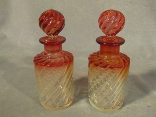 Pair Antique Baccarat Art Glass Rose Tiente Amberina Scent Bottles Colognes