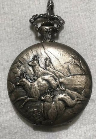 Arnex 17 Jewels Swiss Made Incabloc Pocket Watch Pewter Color Running Deer Scene 2