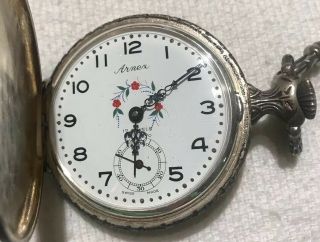 Arnex 17 Jewels Swiss Made Incabloc Pocket Watch Pewter Color Running Deer Scene 3