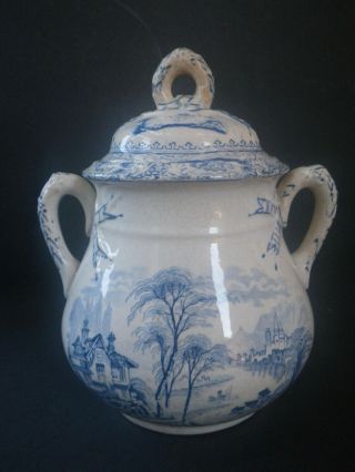 Antique Blue White Ironstone Sugar Bowl W/ Lid Victorian Transferware