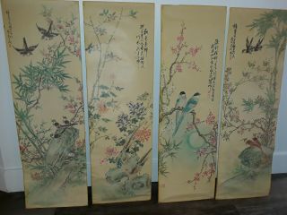 Vintage Chinese Bird Flower Watercolor Prints Set Of 4 1964 D.  A.  C.  Huge