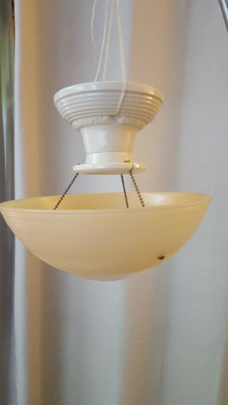 Vtg 10 " Chain Hung Art Deco Ceiling Glass Shade W/porcelain Light Fixture Base