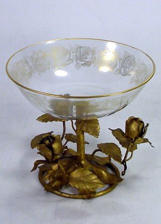 Italian Vintage Tole Gold Gilt Metal Rose Glass Crystal Pedestal Bowl Italy