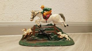 Vintage Cast Iron Door Stop Equestrian Hunt Jockey Horse Rider Dogs - 9 " X 6 "
