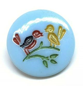 Antique Blue Glass Incised Painted Birds Picture Button 18mm