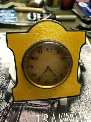 Solid Silver Art Deco Guilloche Enamel 8 Day Clock Yellow