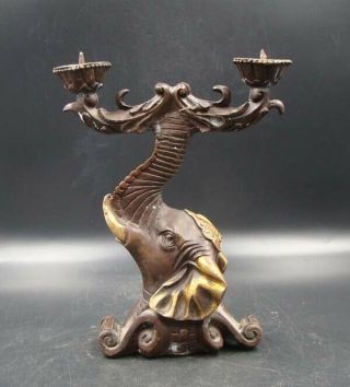 Collectible Handmade Carving Statue Elephant Candlestick Copper Gilt Art Deco
