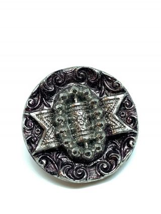Detailed Silver Pink Luster Black Glass Belt Buckle Button Victorian 22mm 4