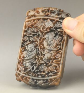 Old Chinese Natural Jade Hand - Carved Double Fuwa Pendant