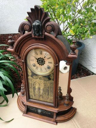 Antique Ansonia Triumph Walnut Victorian 8 Day Mirrored Jenny Lind Mantle Clock