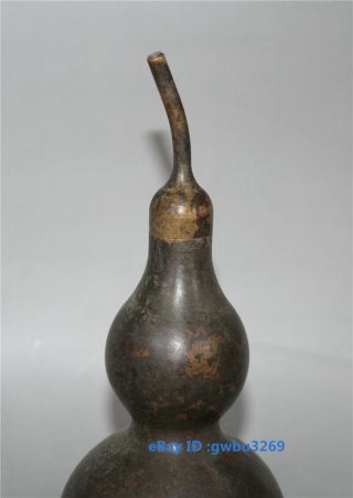 Asia Old Chinese bronze hand carved Feng Shui Lucky Gossip Gourd Vase 2