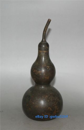 Asia Old Chinese bronze hand carved Feng Shui Lucky Gossip Gourd Vase 5