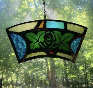 Architectural Salvage Leaded Stained Glass - Painted Floral,  Green Leaves,  Blue