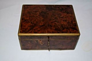 Antique Walnut Burl And Brass Document Box With Lock And Key
